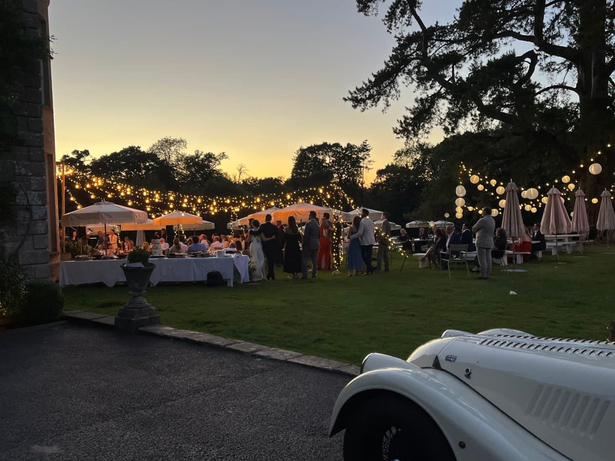 Bar terrace with elegant wedding lighting design creating a romantic atmosphere