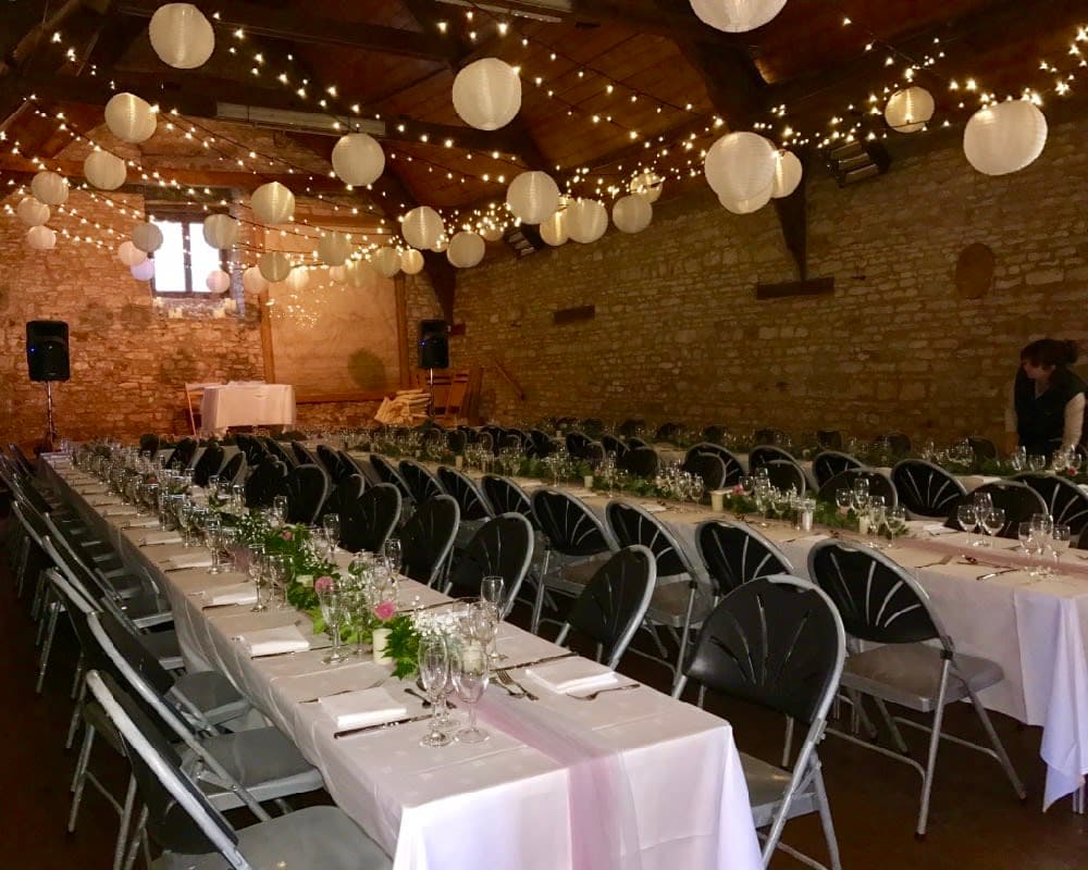 Mells Barn with Stylish Entertainment's Fairy Light Zig Zag Canopy and White Shades