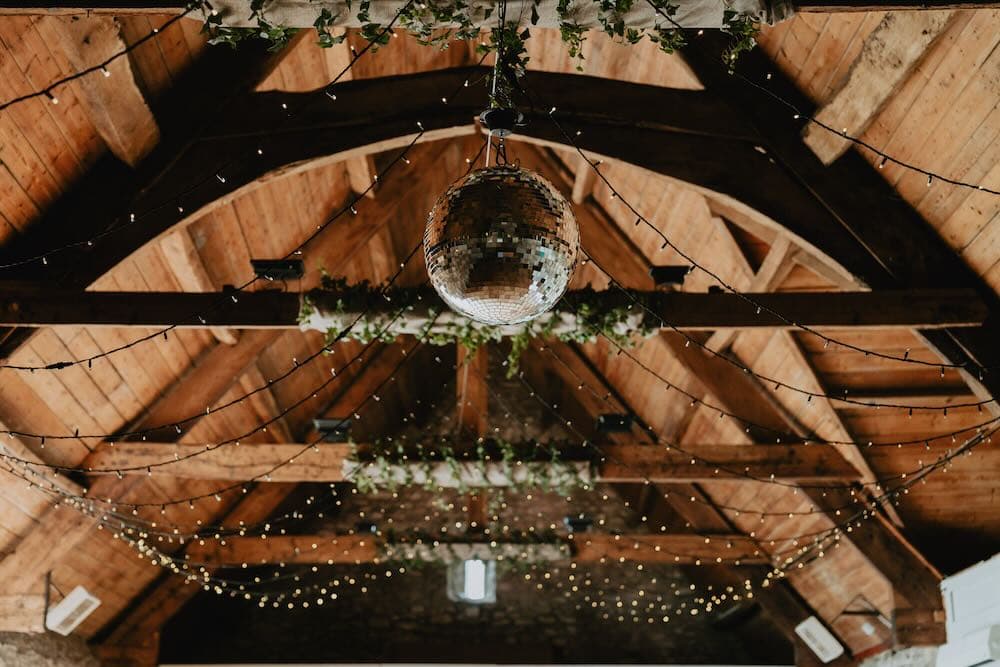 Mirrorball at Mells Barn creating a stunning decorative lighting feature