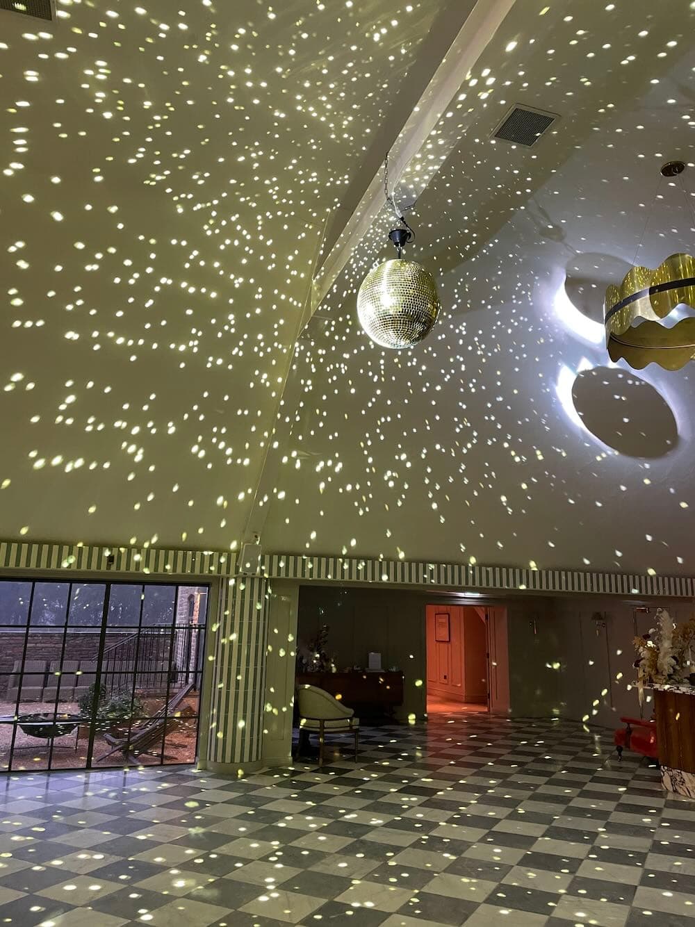 Stage, Band lighting, PA and Glitter Ball at Kin House