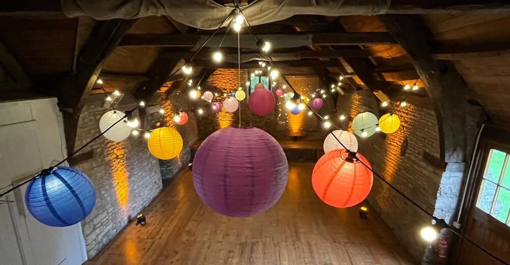 Mells Barn with our Festoon and multi coloured shades & LED up-lights